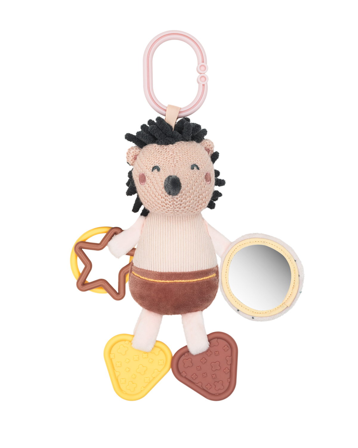  • Занимателна мека играчка с 2 цветни гризалки и забавни пластмасови рингове;• Меко огледало за изследване на собствения образ;• Вградена дрънкалка-звънче;• Лесно закачане с пластмасов ринг;• Изработена от безопасни висококачествени материали;• В съответствие със стандарт EN 71;• Подходяща за деца от 0+ месеца;• Размер: 23 см. Размери:- Продукт: 23 см / 0.09 кг- Кашон: 48x36x38 см / 7.3 кг / 72 бр/кашон 