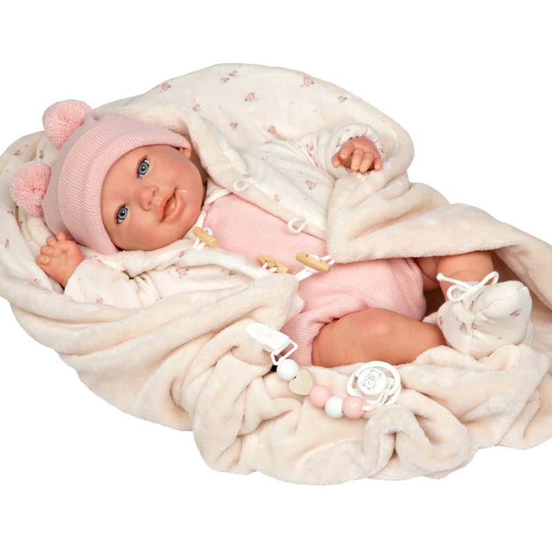 Кукла-бебе Елба в розово вълнено боди с аксесоари - 45 см - Image 4